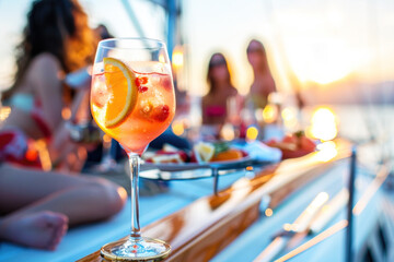 Group of friends relaxing on luxury yacht, drinking cocktails and having fun together while sailing in the sea - 773143026