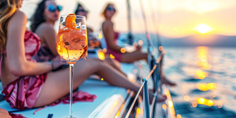 Group of friends relaxing on luxury yacht, drinking cocktails and having fun together while sailing in the sea - 773143035