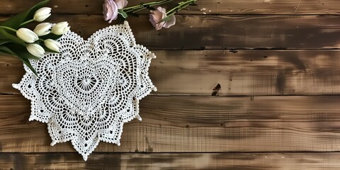 white heart shaped crocheted doily and flowers on a wooden surface.  - obrazy, fototapety, plakaty