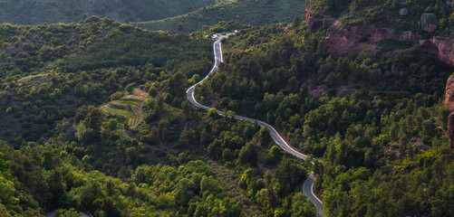 Majestic mountains landscape. A view from peak Mirador de Siurana, Priorat, Tarragona, Spain, Europe. View and nature around. Beautiful travel destination.