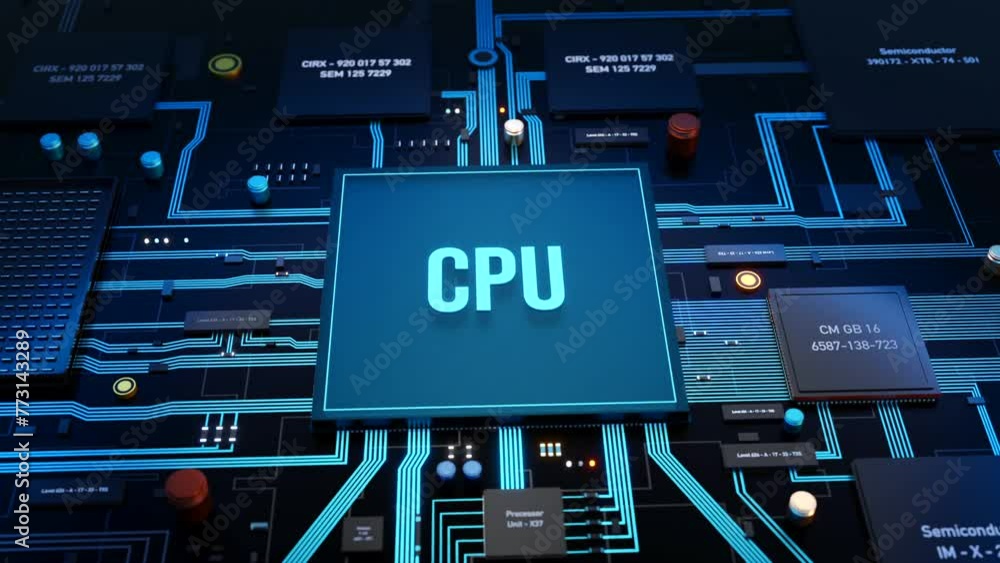 Poster cpu on the motherboard, circuits and semiconductors. transistor, inductor, circuits and random acces