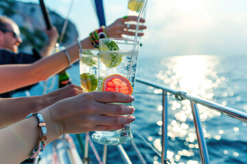 Group of friends relaxing on luxury yacht, drinking cocktails and having fun together while sailing in the sea - 773143431