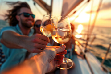 Group of friends relaxing on luxury yacht, drinking and toasting with cocktails and having fun together while sailing in the sea - 773143448