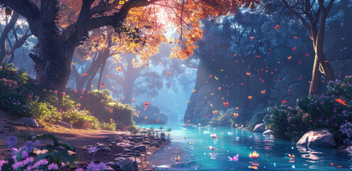 Paradise. Flowers, stones and butterflies in a magical landscape. 3D rendering.