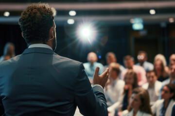 Back view of a black public speaker presenting in front of a big audience at a conference hall - 773143643