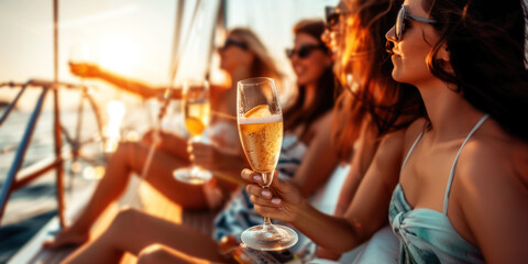 Group of friends relaxing on luxury yacht, drinking cocktails and having fun together while sailing in the sea - 773143644