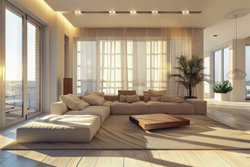 A large white living room with a couch, a coffee table, and a potted plant