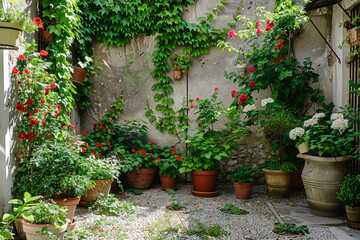 Fototapeta na wymiar Pot plants in the corner of a sunny courtyard on a fresh spring day with vines climbing up the nearby walls 