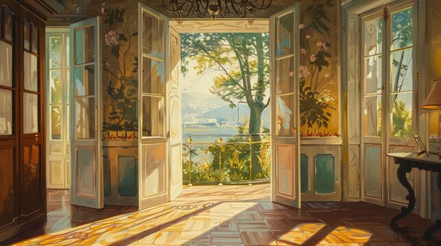 A painting of a room with a view of a lake