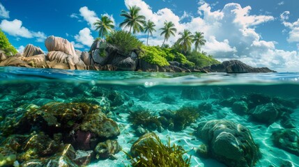 Naklejka na ściany i meble An underwater view of a tropical island with palm trees