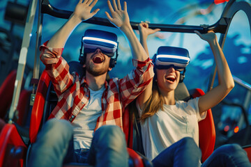 couple riding on roller coaster in virtual reality glasses