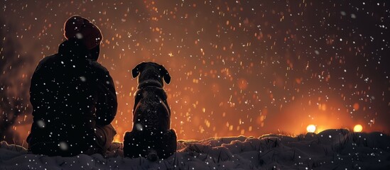 person and a dog siting outside at night in winter when the snow is snowing.  - obrazy, fototapety, plakaty