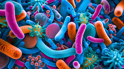 Macro view of healthy gut bacteria and microbes	 - obrazy, fototapety, plakaty