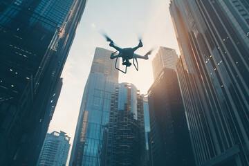 drone flying in modern city and shooting photo or video - obrazy, fototapety, plakaty