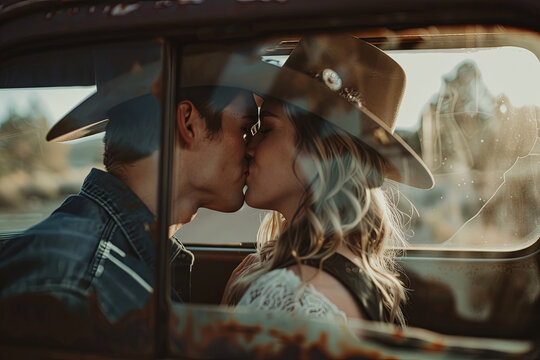 Cowboy and girlfriend kissing in through the back window of a pickup truck
