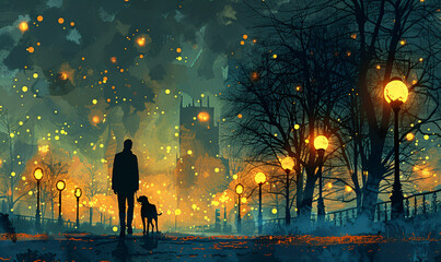 Twilight promenade with a dog in the city park. Urban evening leisure concept. Artistic poster design, vibrant cityscape illustration, and pet companionship theme. - obrazy, fototapety, plakaty