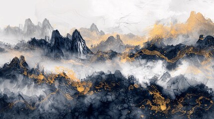 A mesmerizing ink wash landscape painting in the new Chinese style, accented with golden brushstrokes. Perfect for modern art enthusiasts, suitable for wallpapers, posters, cards, murals, and prints - obrazy, fototapety, plakaty