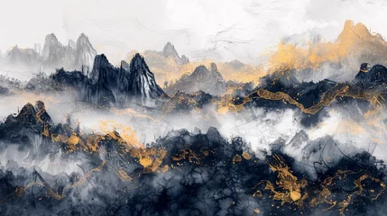 Keuken foto achterwand A mesmerizing ink wash landscape painting in the new Chinese style, accented with golden brushstrokes. Perfect for modern art enthusiasts, suitable for wallpapers, posters, cards, murals, and prints © growth.ai