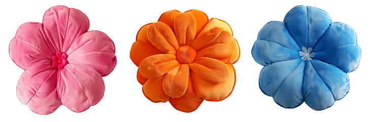 Flower shaped plush pillows set on transparent background