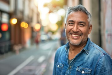 Smiling Middle-Aged Man in Casual Denim Outfit on City Street - obrazy, fototapety, plakaty