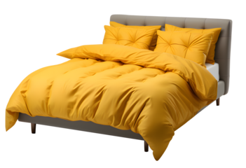 Wooden light brown bed comfortable modern with pillow yellow and blanket on top isolated on cut out PNG or transparent background. Interior decoration for modern bedroom.