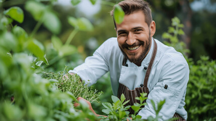 Naklejka na ściany i meble A smiling chef harvesting herbs in a lush garden
