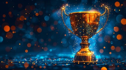 Illustration modern of a golden champion cup with lines and triangles, a point connecting network, and a blue background. - obrazy, fototapety, plakaty