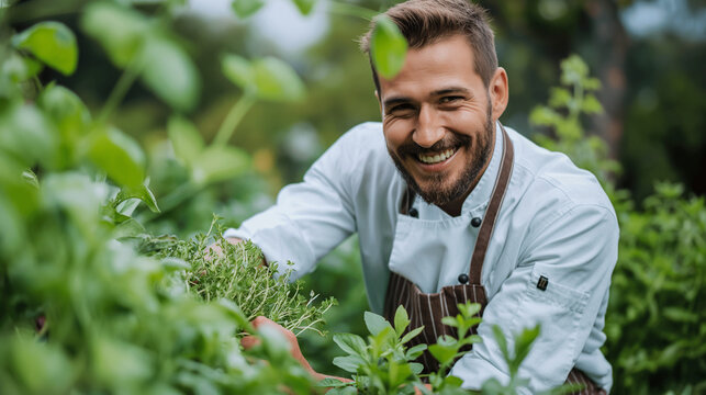 A smiling chef harvesting herbs in a lush garden