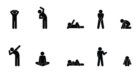 stickman icon, man standing or lying and sitting, stick figure, people isolated silhouettes