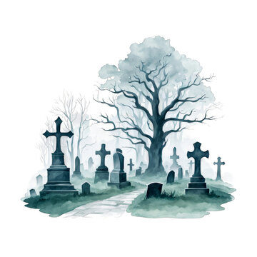 A misty graveyard with crooked tombstones, eerie trees, watercolor illustration, clipart for scrapbook, wall art prints, cutout on white background, Halloween design element, scary scene, kids books