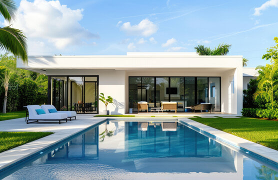 a photo of an modern home in Miami, with white walls and flat roof style house, a small backyard pool area, large windows, green grass, palm trees, blue sky
