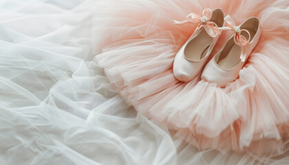 kids pointe shoes and light pink tutu background, ballet dancing clothes. - obrazy, fototapety, plakaty
