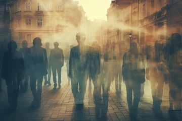 Poster Double exposure photo, People walking in the street in Prague Czech Republic Double exposure An anonymous crowd of people walking on a city street, AI generated © Tanu