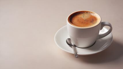 white ceramic cup with cappuccino latte coffee brown foam on light background,