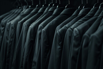 many black business suits in a wardrobe