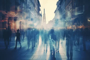 Tuinposter Double exposure photo, People walking in the street in Prague Czech Republic Double exposure An anonymous crowd of people walking on a city street, AI generated © Tanu