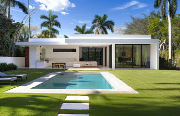 a photo of an modern home in Miami, with white walls and flat roof style house, a small backyard pool area, large windows, green grass, palm trees, blue sky