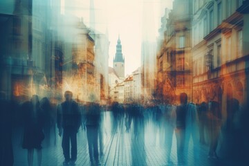 Double exposure photo, People walking in the street in Prague Czech Republic Double exposure An anonymous crowd of people walking on a city street, AI generated - obrazy, fototapety, plakaty