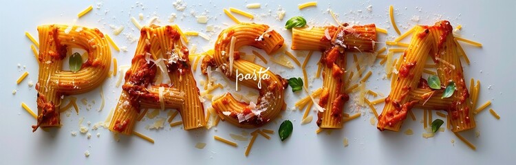 The word pasta made of spaghetti on solid white background
