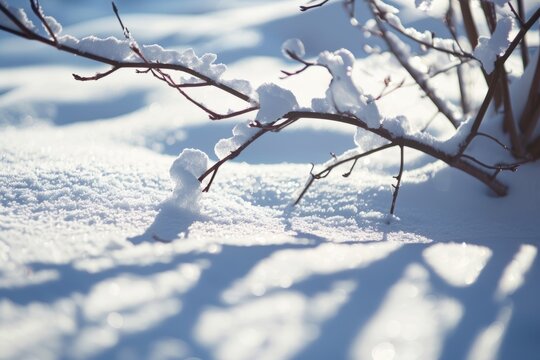 Snow-covered tree branch casting shadows on snowy ground with shallow depth of field in abstract shot
