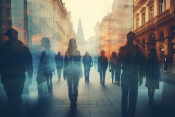Double exposure photo, People walking in the street in Prague Czech Republic Double exposure An anonymous crowd of people walking on a city street, AI generated - obrazy, fototapety, plakaty