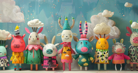 A panoramic banner head view of full-body animal puppet characters in colorful outfits over the painting backdrop, Generated by AI