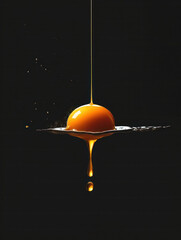 A minimalist graphic design of an egg yolk being poured from above, Drop on the liquid surface on a black background, poster for an oriental kitchen advertisement, Vertical image, Generated by AI