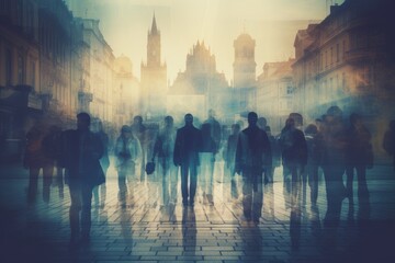 Fototapeta na wymiar Double exposure photo, People walking in the street in Prague Czech Republic Double exposure An anonymous crowd of people walking on a city street, AI generated