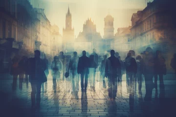 Gordijnen Double exposure photo, People walking in the street in Prague Czech Republic Double exposure An anonymous crowd of people walking on a city street, AI generated © Tanu