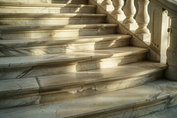 A detailed view of a marble staircase showcasing the intricate balustrade and the play of light and...