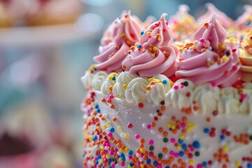 Detailed view of a vibrant birthday cake adorned with colorful frosting and sprinkles