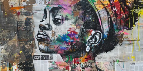 A captivating newspaper collage featuring a black African American woman amidst vibrant graffiti street art, creating an engaging urban illustration