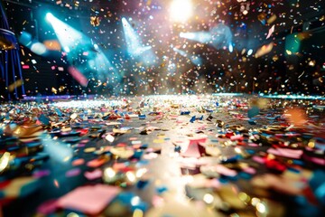 Confetti and streamers are cascading from above, creating a vibrant and celebratory atmosphere on the stage - obrazy, fototapety, plakaty