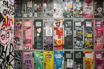 A wall completely covered in a variety of stickers, graffiti, and personal touches, showcasing individuality and personality - obrazy, fototapety, plakaty